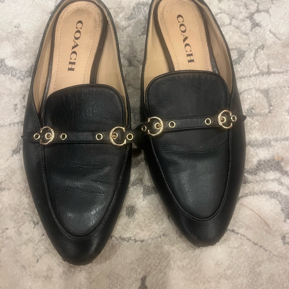 Coach Black Leather Slip-On Shoes with Gold Detailing